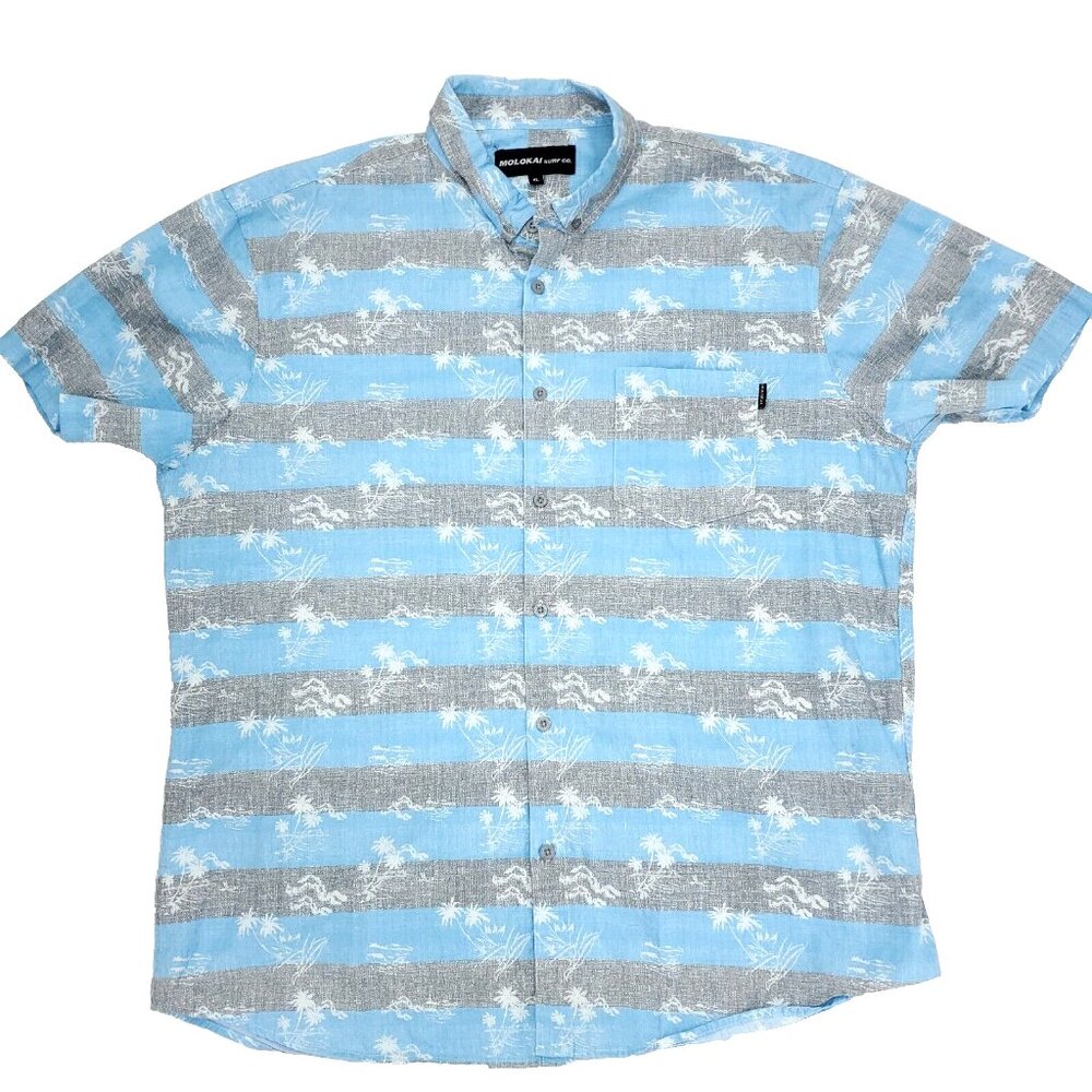 Molokai Surf Co. Button Shirt Mens XL Blue Gray Palm Trees Print Striped